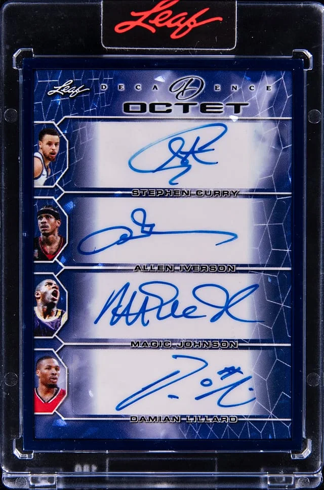 2022 Leaf Curry/Iverson/Johnson/Lillard/West/Frazier/Dantley/Erving Multi-Signed Card - Leaf Encased Decadence Octet Autographs #O-03 card image