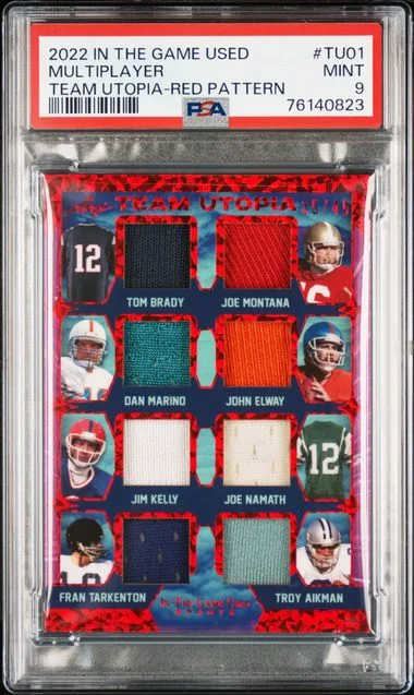 2022 Leaf Dan Marino/Fran Tarkenton/Jim Kelly/Joe Montana/Joe Namath/John Elway/Tom Brady/Troy Aikman In The Game Used Team Utopia Red Pattern #TU-01 card image