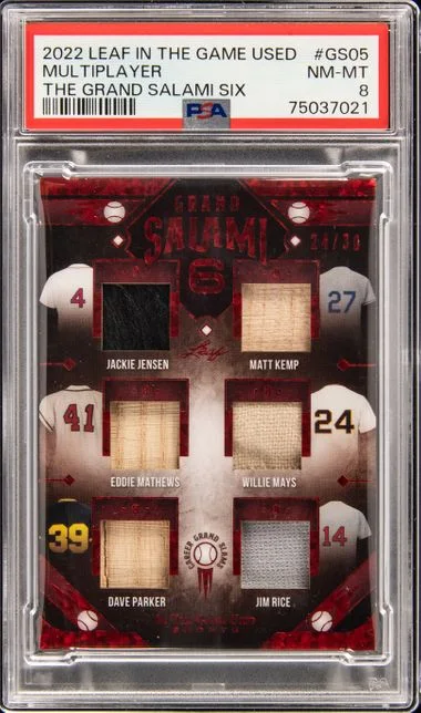 2022 Leaf Dave Parker/Eddie Mathews/Jackie Jensen/Jim Rice/Matt Kemp/Willie Mays Game-Used In The Game Used The Grand Salami Six #GS-05 card image