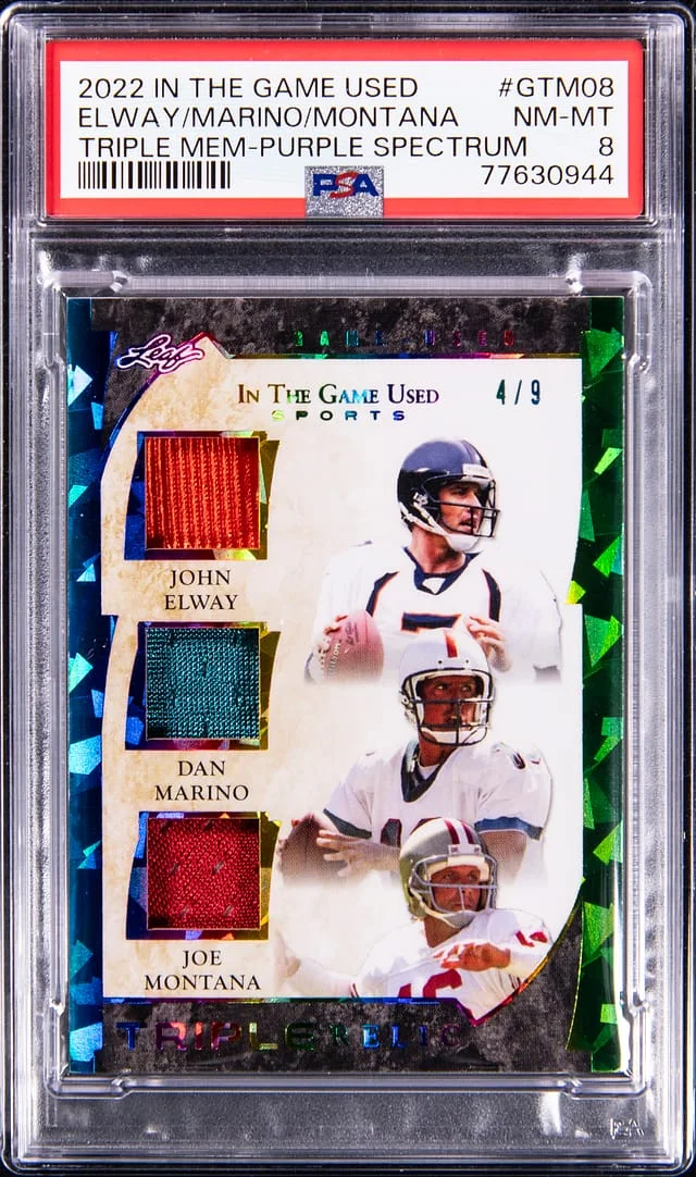 2022 Leaf Elway/Marino/Montana In The Game Used Triple Memorabilia Purple Spectrum #GTM card image