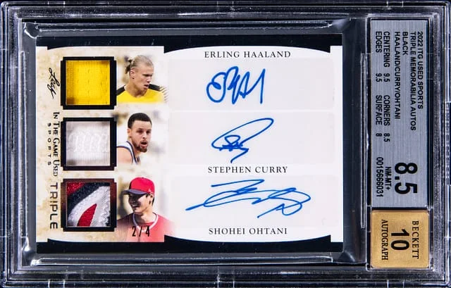 2022 Leaf Erling Haaland/Stephen Curry/Shohei Ohtani Multi-Signed Game-Used In The Game Used Triple Memorabilia Autographs Black #GTA-05 card image