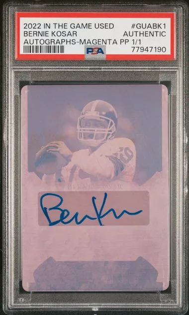2022 Leaf Guabk1 Bernie Kosar In The Game Used Autographs Magenta Printing Plate #1/1 card image