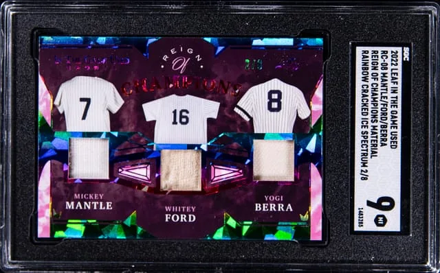 2022 Leaf In The Game Used Reign of Champions Material Rainbow Cracked Ice Spectrum #-08 Mickey Mantle/Whitey Ford/Yogi Berra #no-number card image