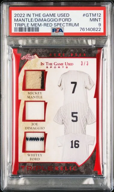 2022 Leaf Joe Dimaggio/Mickey Mantle/Whitey Ford Game-Used In The Game Used Triple Memorabilia Red Spectrum #GTM-12 card image