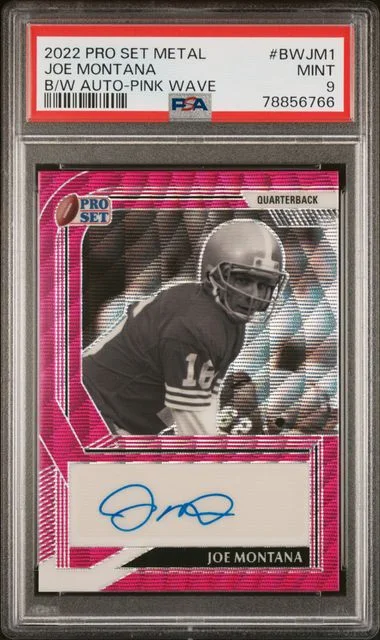 2022 Leaf Joe Montana Pro Set Metal Black & White Autographs Pink Wave #Bwjm1 card image