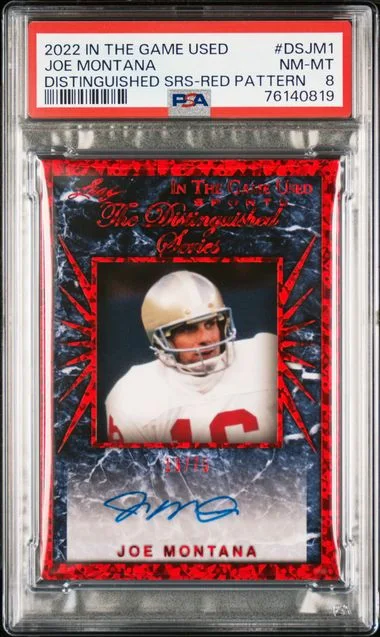 2022 Leaf Joe Montana In The Game Used The Distinguished Series Red Pattern #DS-JM1 card image