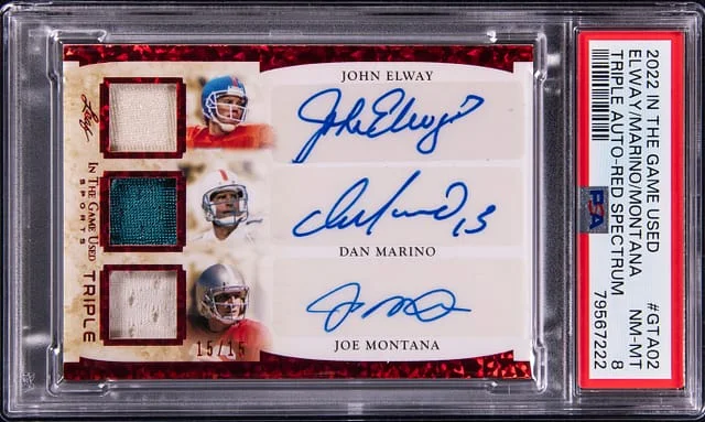 2022 Leaf John Elway/Dan Marino/Joe Montana In The Game Used #GTA-02 card image
