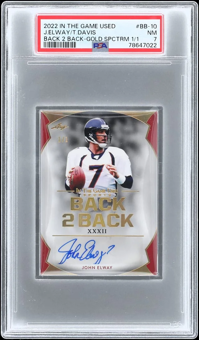 2022 Leaf John Elway/Terrell Davis In The Game Used Back 2 Back Gold Spectrum 1/1 #BB-10 card image