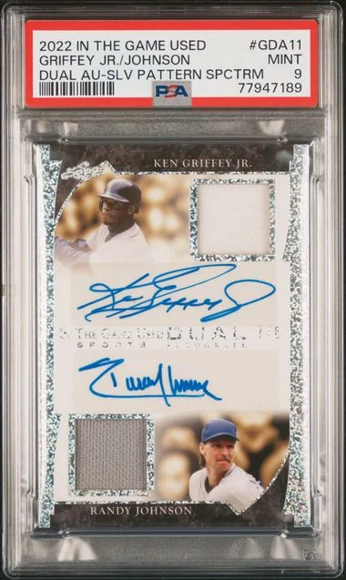 2022 Leaf Ken Griffey Jr./Randy Johnson In The Game Used Dual Autographs Silver Pattern Spectrum #Gda11 card image