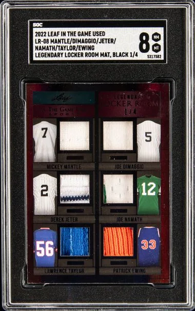 2022 Leaf Lr-08 Mantle/ Dimaggio/ Jeter/ Namath/ Taylor/ Ewing In The Game Used Legendary Locker Room Mat, Black #1/4 card image