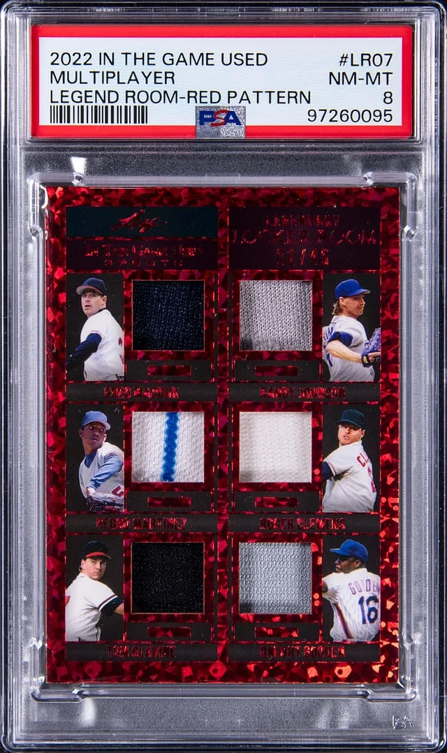 2022 Leaf Maddux/Johnson/Martinez/Clemens/Glavine/Gooden In The Game Used Legendary Locker Room Red Pattern #LR-07 card image