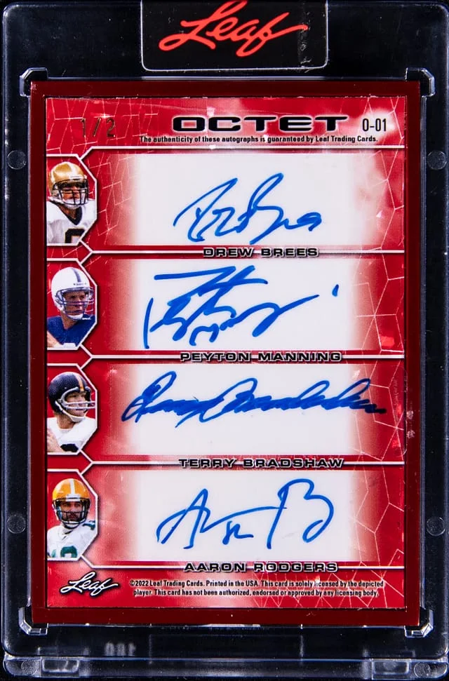 2022 Leaf Marino/Elway/Montana/Favre/Brees/Manning/Bradshaw/Rodgers Multi-Signed Card - Leaf Encased Decadence Octet Red #O-01 card image