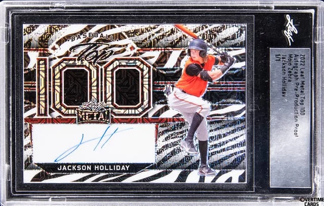 2022 Leaf Metal Autograph Pre-Production Proof Mojo Zebra Jackson Holliday Top #100 card image