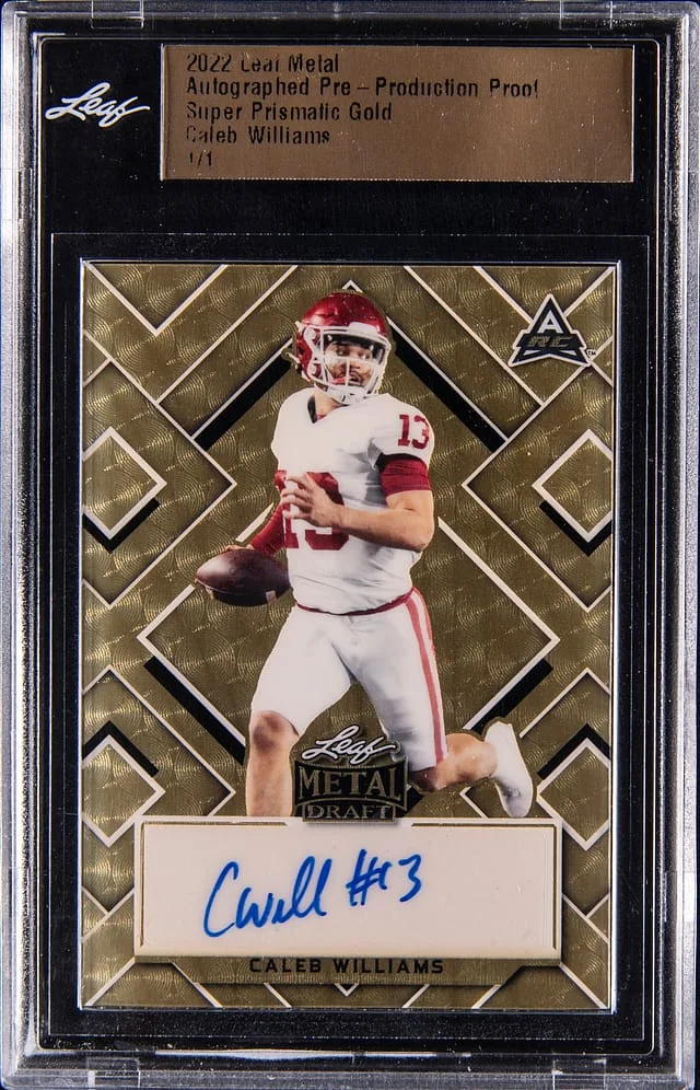 2022 Leaf Metal Autographed Pre-Production Proof Super Prismatic Gold Caleb Williams #no-number card image