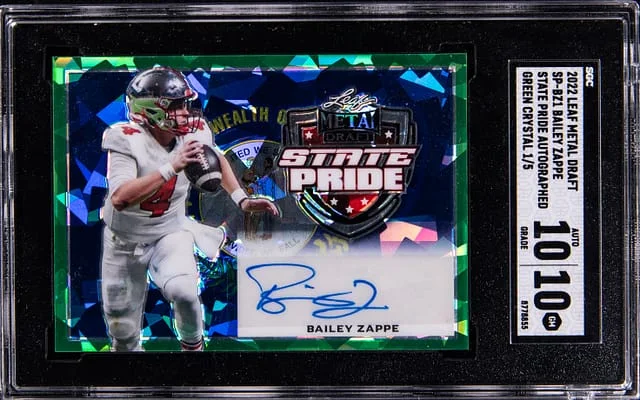 2022 Leaf Metal Bailey Zappe Draft Green Crystal State Pride Autographed #SP-BZ1 card image