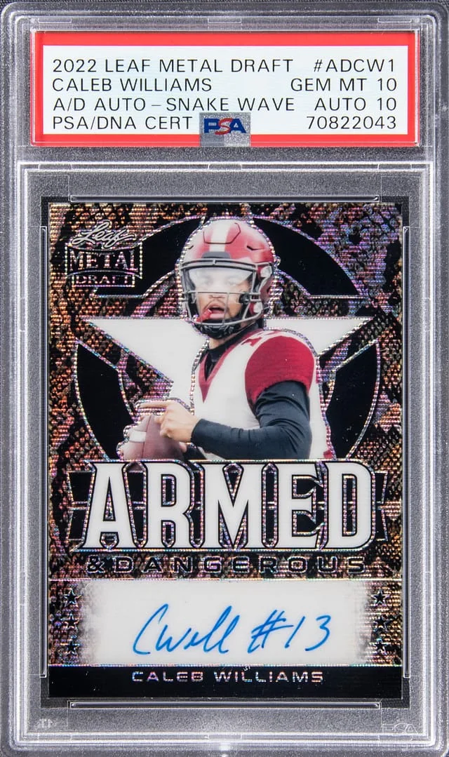 2022 Leaf Metal Caleb Williams Draft Armed & Dangerous Autographs Green Prismatic #AD-CW1 card image