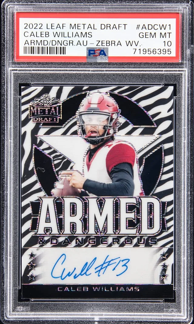 2022 Leaf Metal Caleb Williams Draft Armed & Dangerous Autographs Green Prismatic #ADCW1 card image