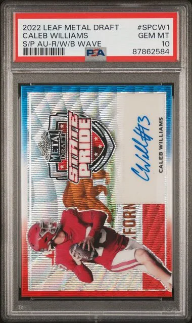 2022 Leaf Metal Caleb Williams Draft State Pride Autographs Red/White/Blue Wave #SPCW1 card image