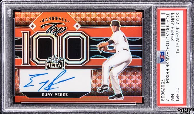 2022 Leaf Metal Eury Perez Top 100 Autograph Orange Prism #TEP1 card image