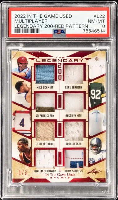 2022 Leaf Red Pattern L22 Arthur Ashe/Deion Sanders/Gene Sarazen/Hakeem Olajuwon/Jean Beliveau/Mike Schmidt/Reggie White/Stephen Curry In The Game Used The Legendary #200 card image