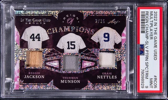 2022 Leaf Reggie Jackson, Thurman Munson, Craig Nettles Triple In the Game Used Reign Champ - Slv Ptrn Spctrm #RC05 card image
