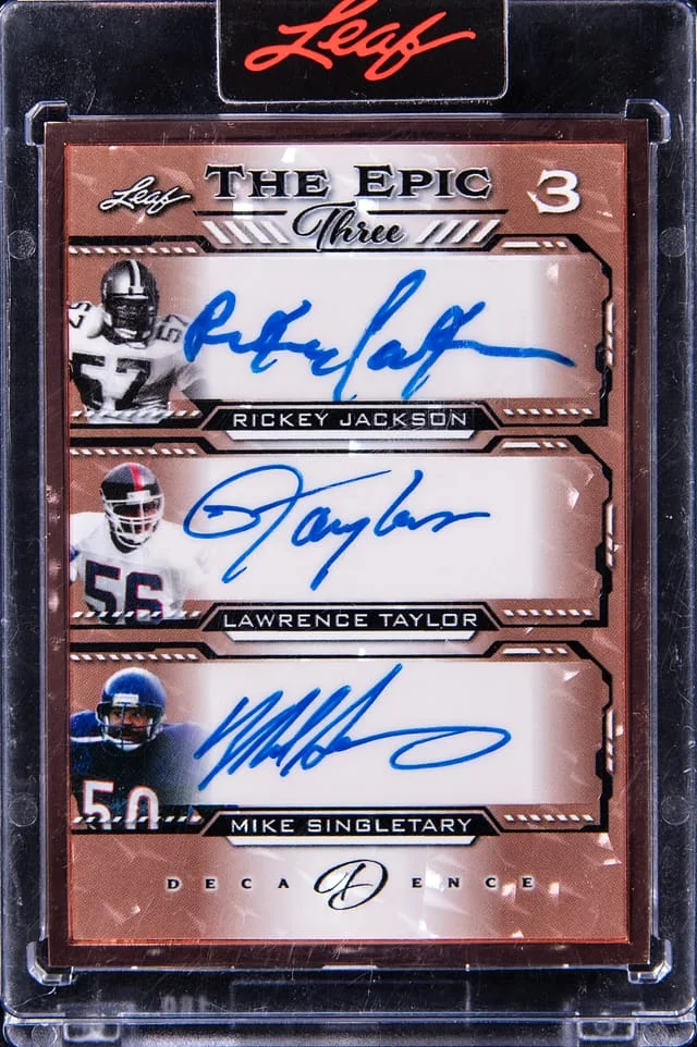 2022 Leaf Rickey Jackson/Lawrence Taylor/Mike Singletary Multi-Signed Card - Leaf Encased Decadence The Epic Three #TE3-10 card image