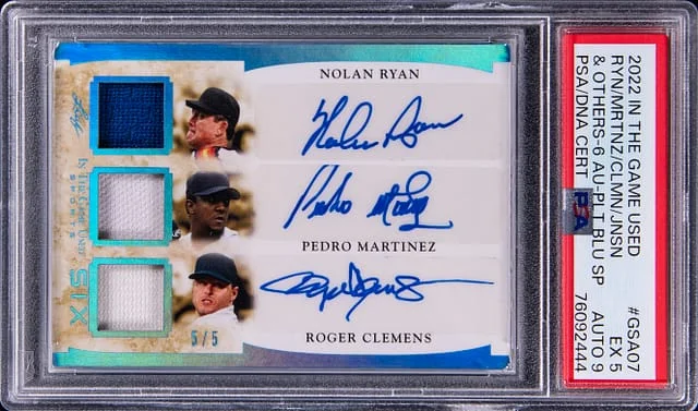 2022 Leaf Ryan/Martinez/Clemens/Johnson/Maddux/Gooden Multi-Signed In The Game Used Platinum Blue #GSA07 card image