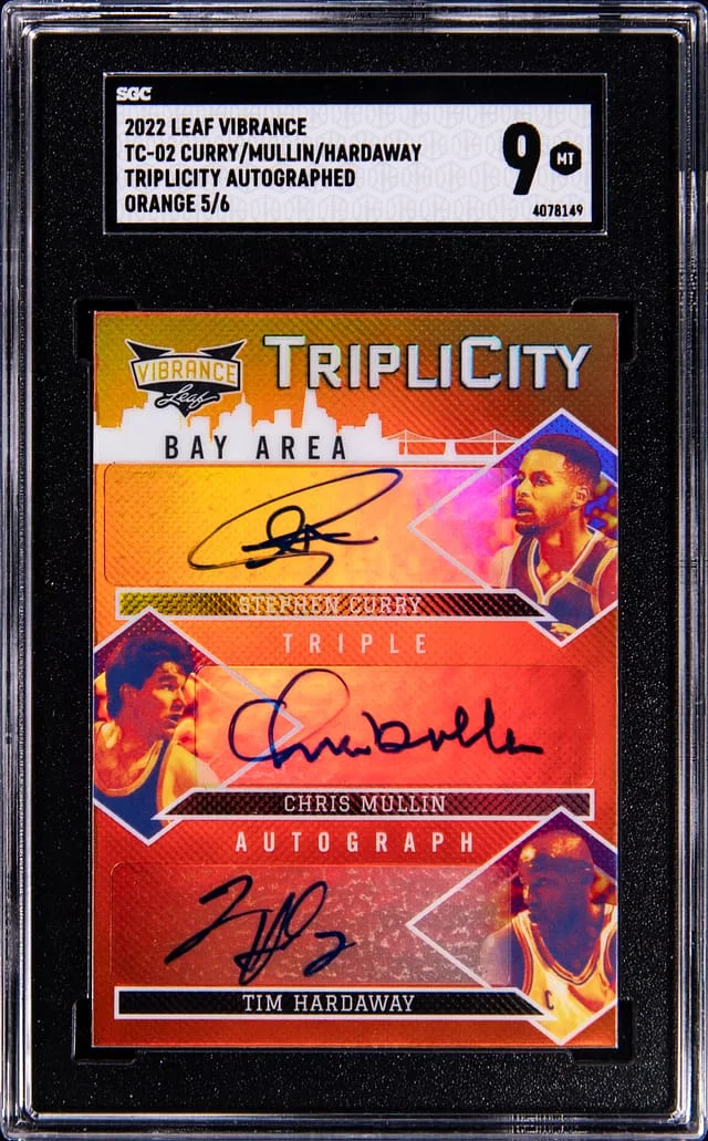 2022 Leaf Stephen Curry/Chris Mullin/Tim Hardaway Vibrance Triplicity Autographed Orange #TC-02 card image