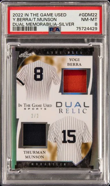 2022 Leaf Thurman Munson/Yogi Berra Dual In The Game Used Dual Memorabilia Silver Spectrum #GDM22 card image
