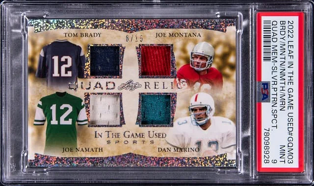2022 Leaf Tom Brady, Joe Montana, Joe Namath, Dan Marino Quad In the Game Used Quad Mem-Silver Quad Relic #GQM03 card image