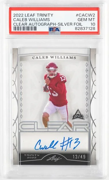 2022 Leaf Trinity Caleb Williams Clear Autographs Silver Foil #CACW2 card image