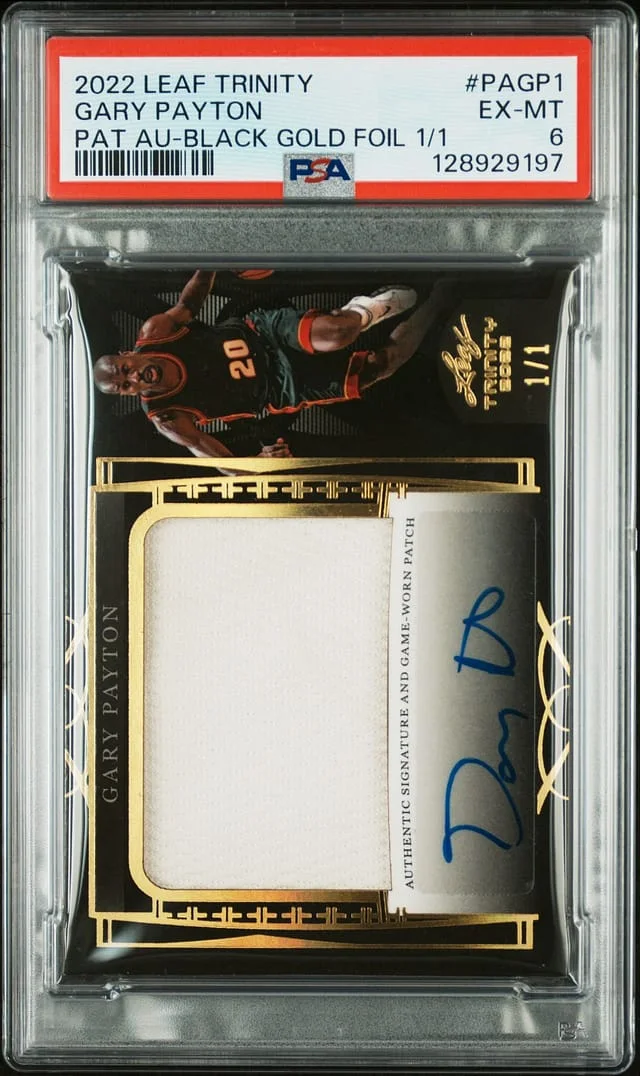 2022 Leaf Trinity Gary Payton Match Worn Patch Autographs Black Gold Foil #PA-GP1 card image
