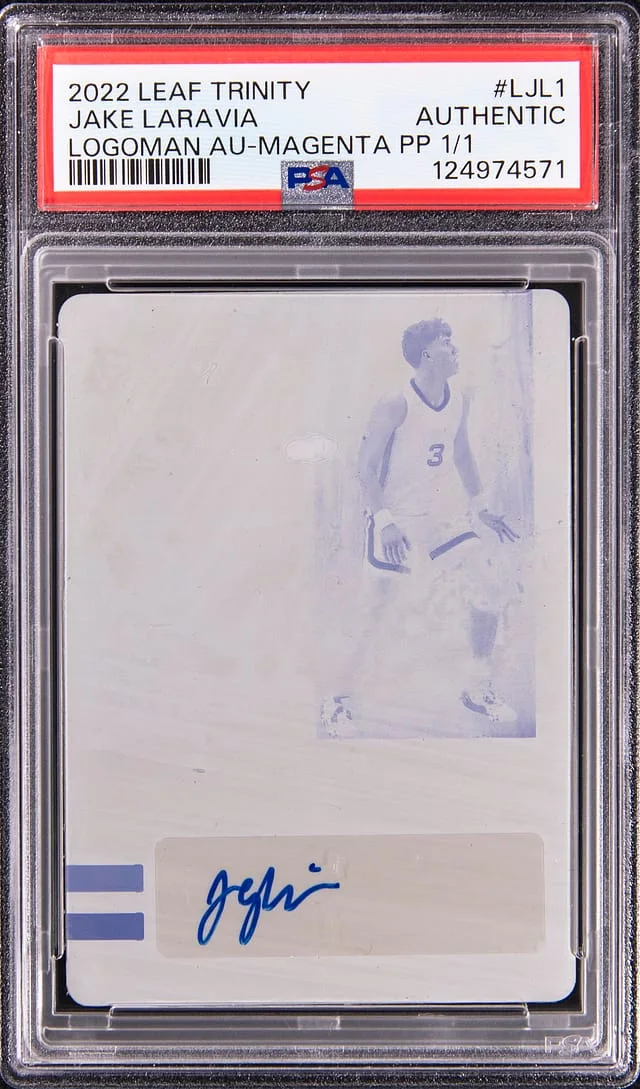 2022 Leaf Trinity Jake Laravia Logoman Autograph Magenta Printing Plate #L-JL1 card image
