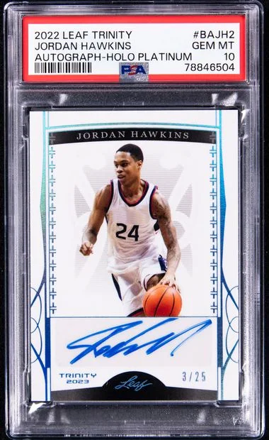 2022 Leaf Trinity Jordan Hawkins Autographs Holo Platinum #Bajh2 card image