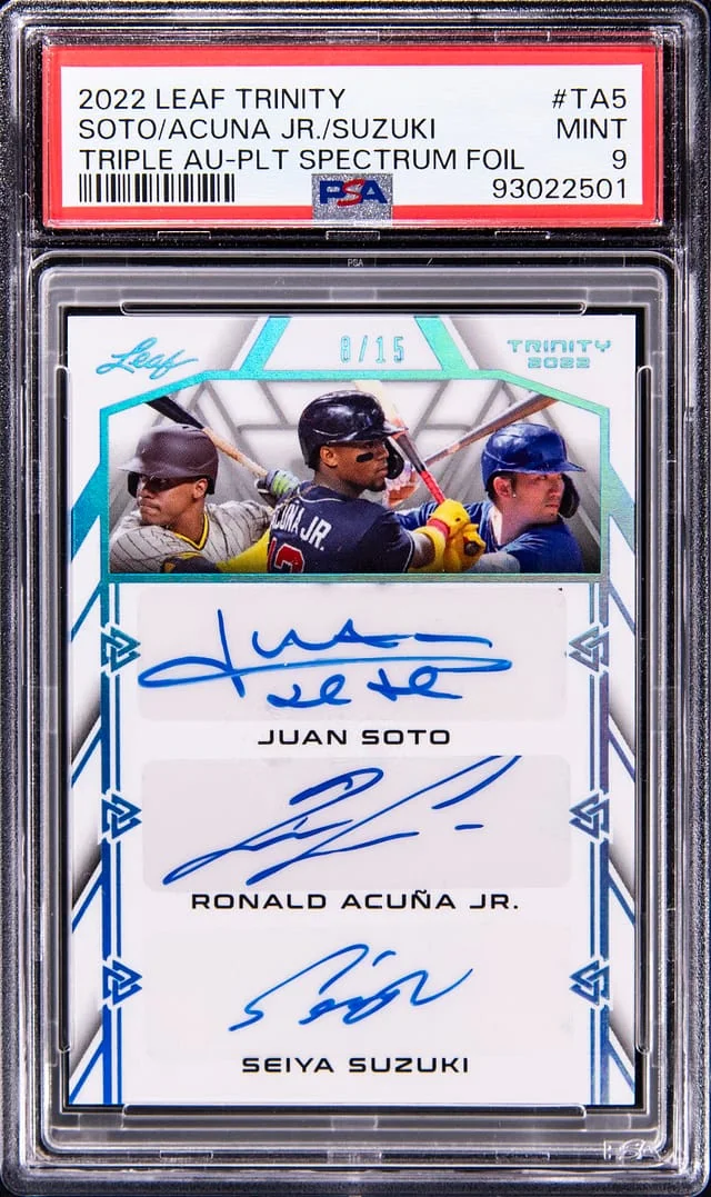 2022 Leaf Trinity Juan Soto/Ronald Acuna Jr./Seiya Suzuki Multi-Signed Triple Autographs Platinum Spectrum Foil #TA-5 card image