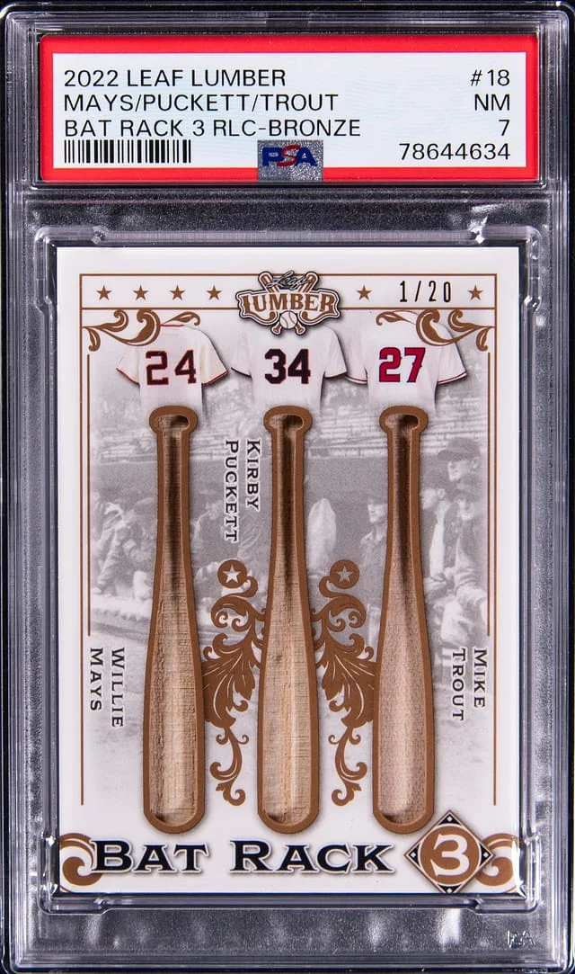 2022 Leaf Willie Mays/Kirby Puckett/Mike Trout Lumber Bat Rack Three Relic Bronze #BR3-18 card image