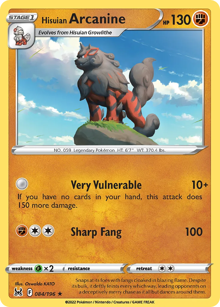 2022 Lost Origin Hisuian Arcanine #084/196 Rare Holo card image
