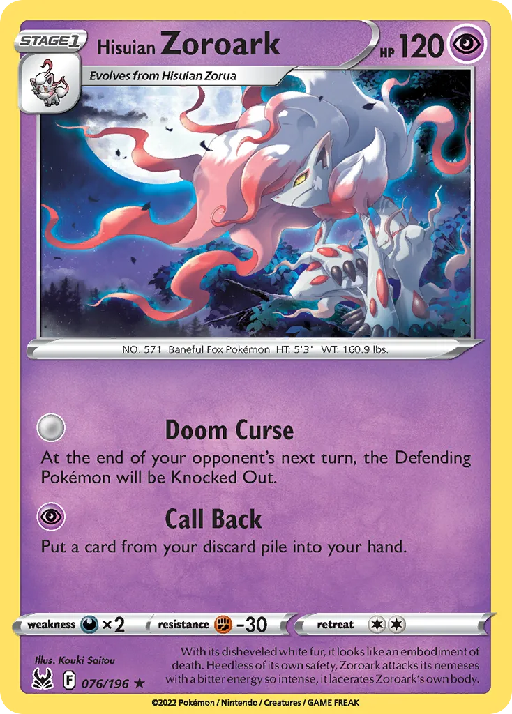 2022 Lost Origin Hisuian Zoroark #076/196 Rare Holo card image