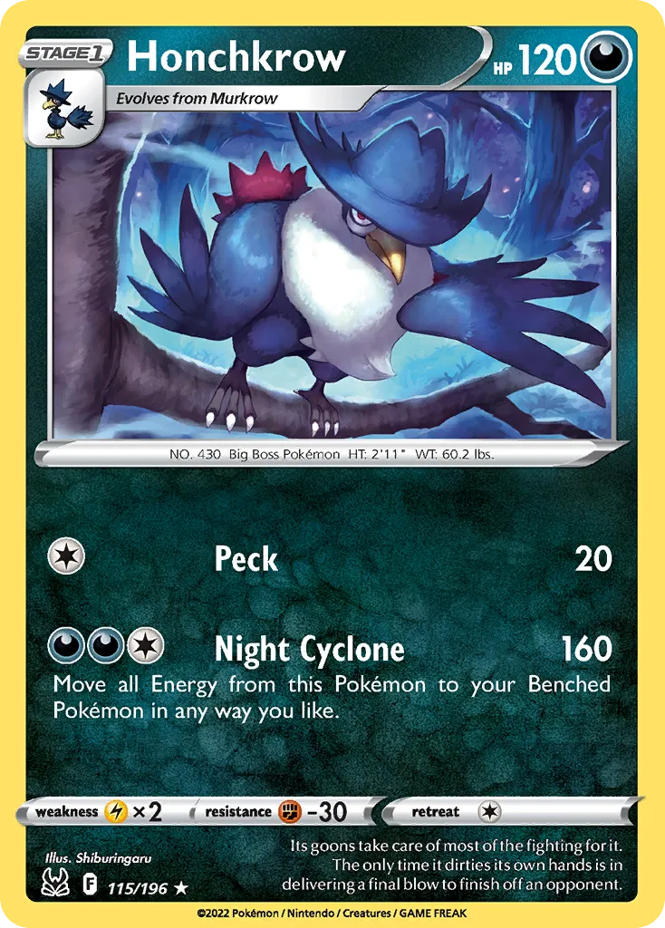 2022 Lost Origin Honchkrow #115/196 Rare card image