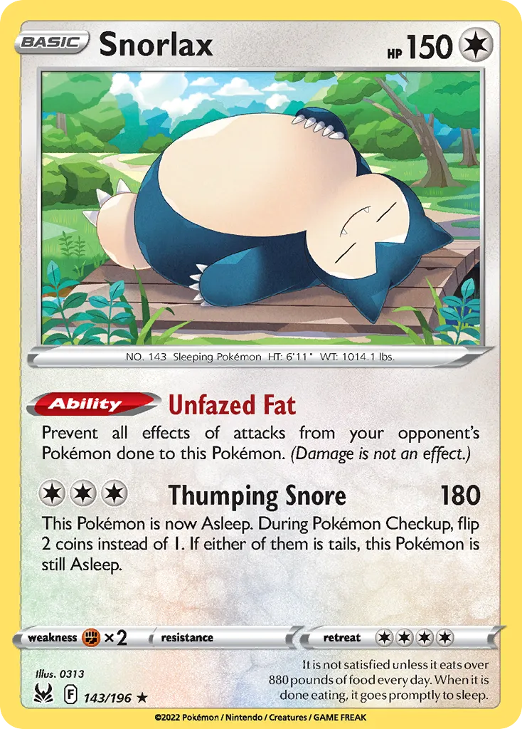 2022 Lost Origin Snorlax #143/196 Rare Holo card image