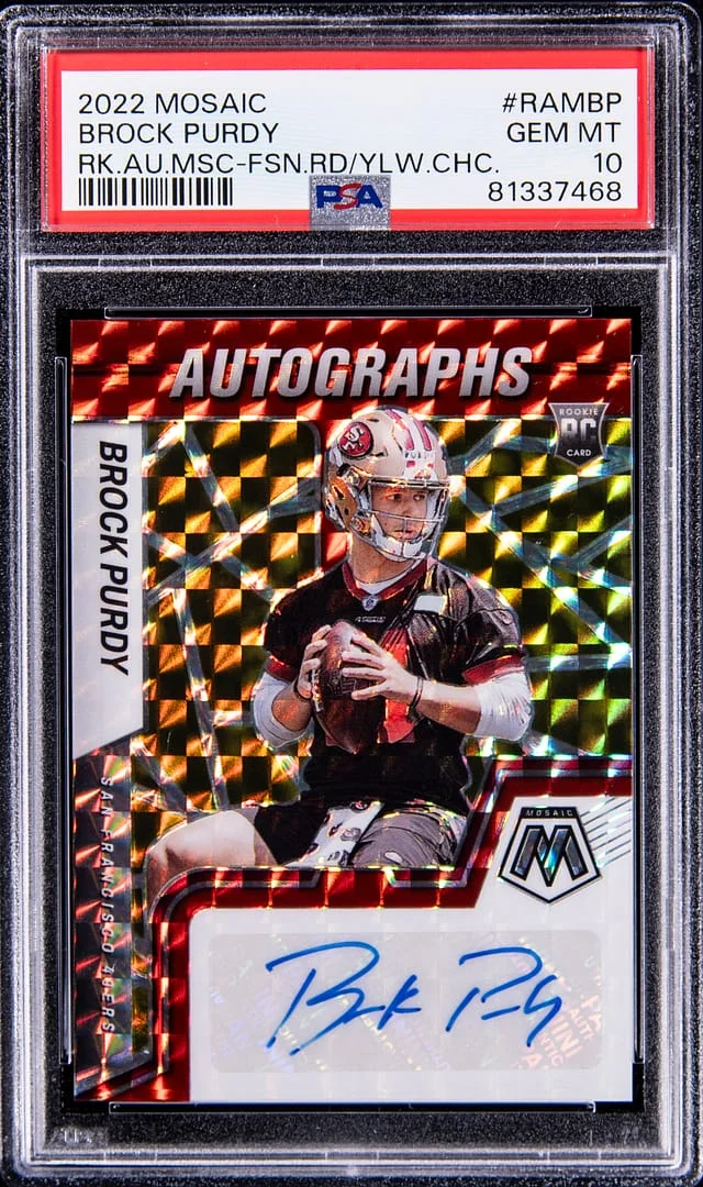 2022 Mosaic Brock Purdy Autographs Red/Yellow Fusion Choice Prizm #RAM-BP card image