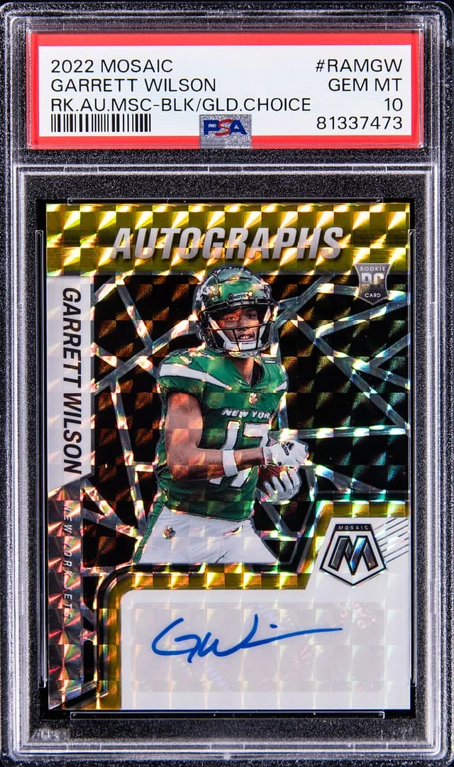 2022 Mosaic Garrett Wilson Autographs Black/Gold Choice Prizm #RAM-GW card image