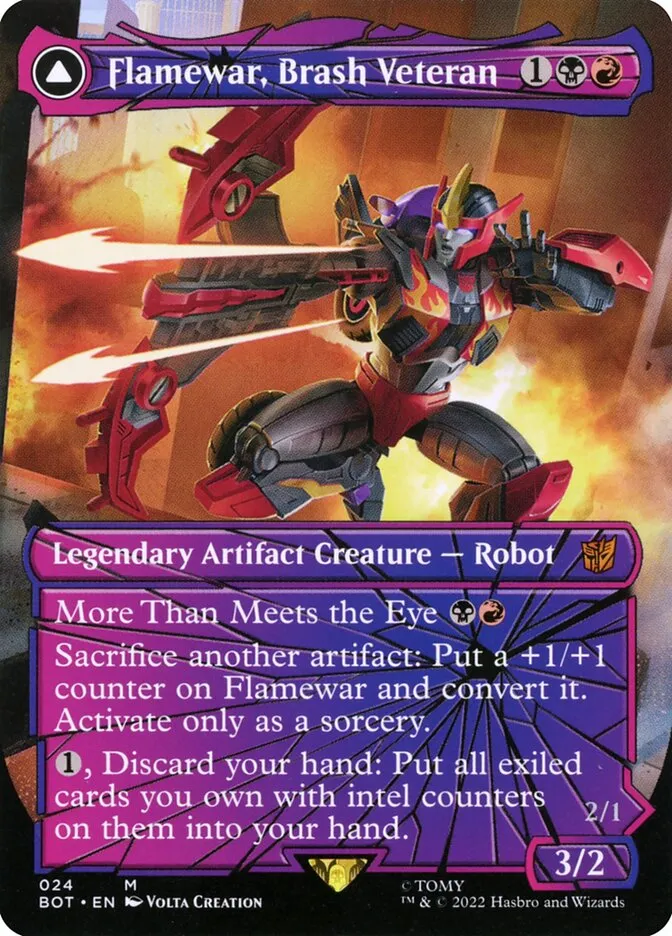 2022 Transformers Flamewar, Brash Veteran // Flamewar, Streetwise Operative [Foil] mythic #24 mythic card image
