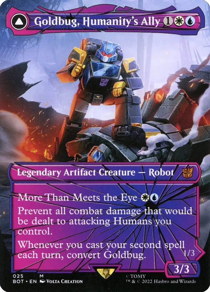 2022 Transformers Goldbug, Humanity's Ally // Goldbug, Scrappy Scout [Foil] mythic #25 mythic card image