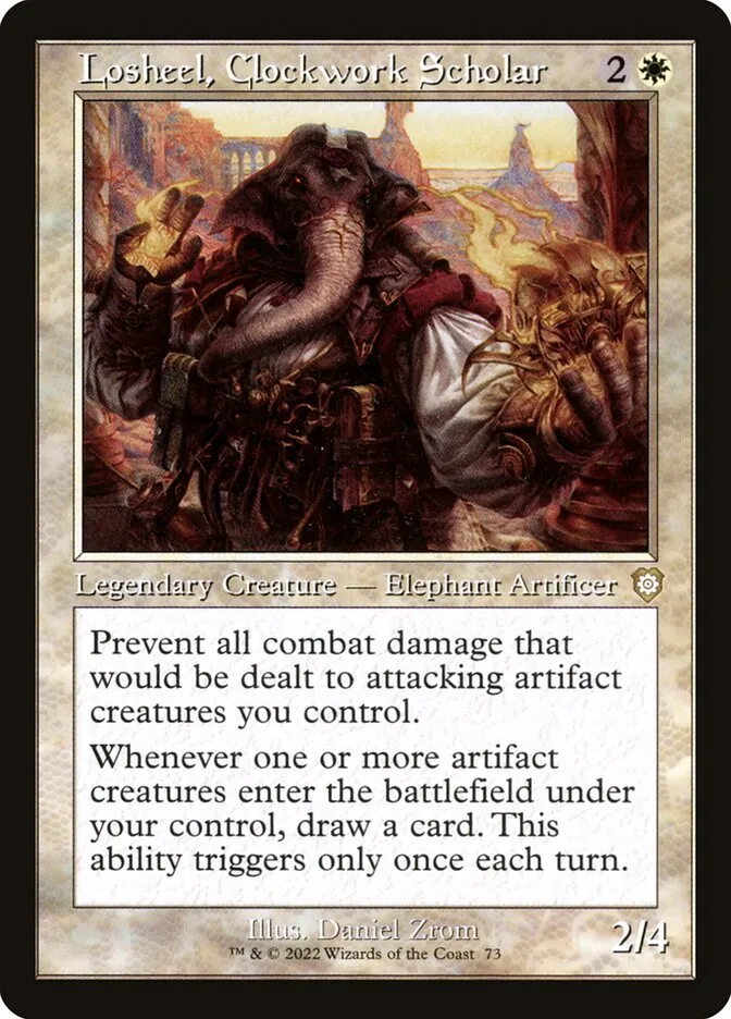 2022 The Brothers' War Commander Losheel, Clockwork Scholar rare #73 rare card image