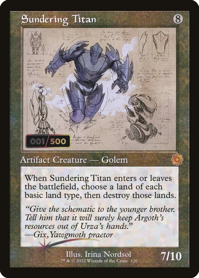 2022 The Brothers' War Retro Artifacts Sundering Titan mythic #120z mythic card image