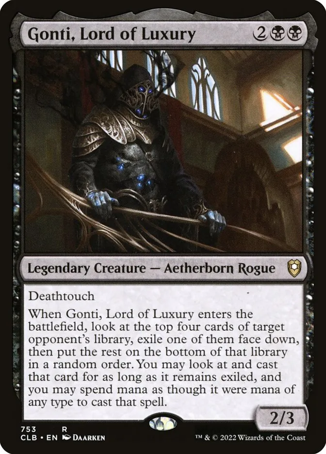 2022 Commander Legends: Battle for Baldur's Gate Gonti, Lord of Luxury #753 rare card image