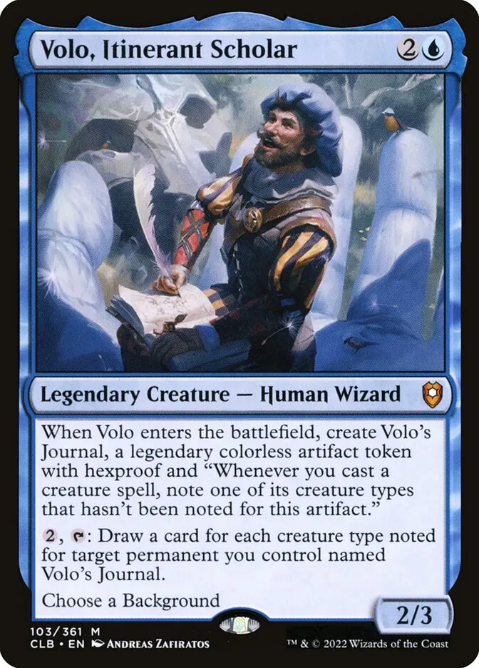 2022 Commander Legends: Battle for Baldur's Gate Volo, Itinerant Scholar mythic #103 mythic card image