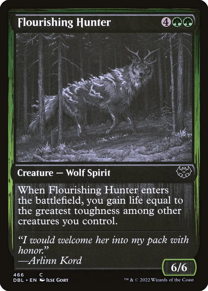 2022 Innistrad: Double Feature Flourishing Hunter #466 common card image