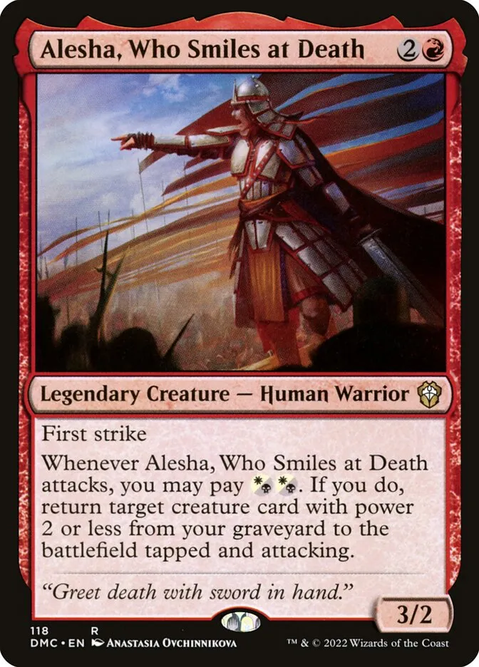 2022 Dominaria United Commander Alesha, Who Smiles at Death #118 rare card image